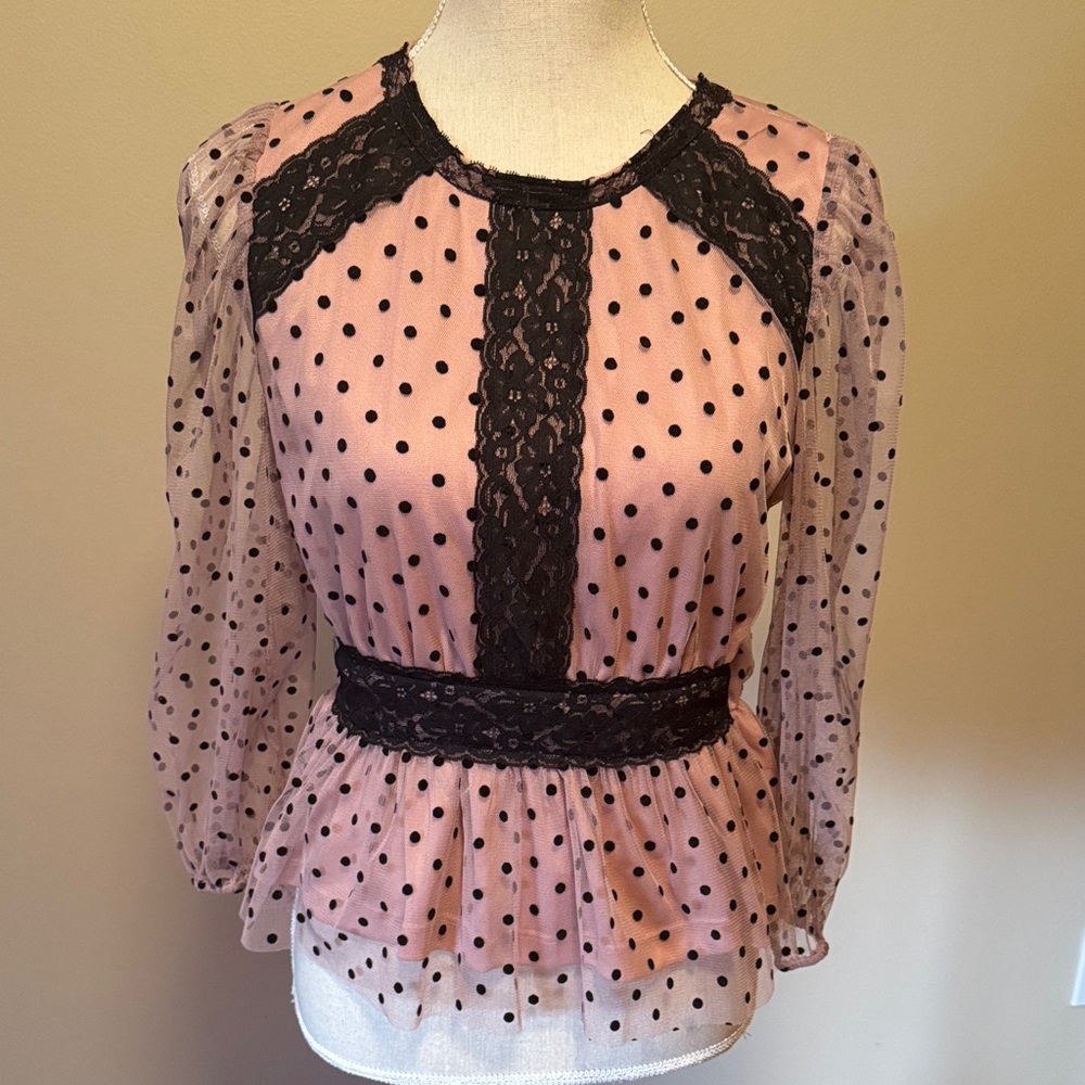 Elegant Lace-Trimmed Pink Polka Dot Blouse